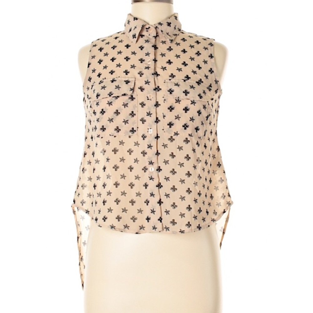 S beige & black button down blouse asymmetric hem